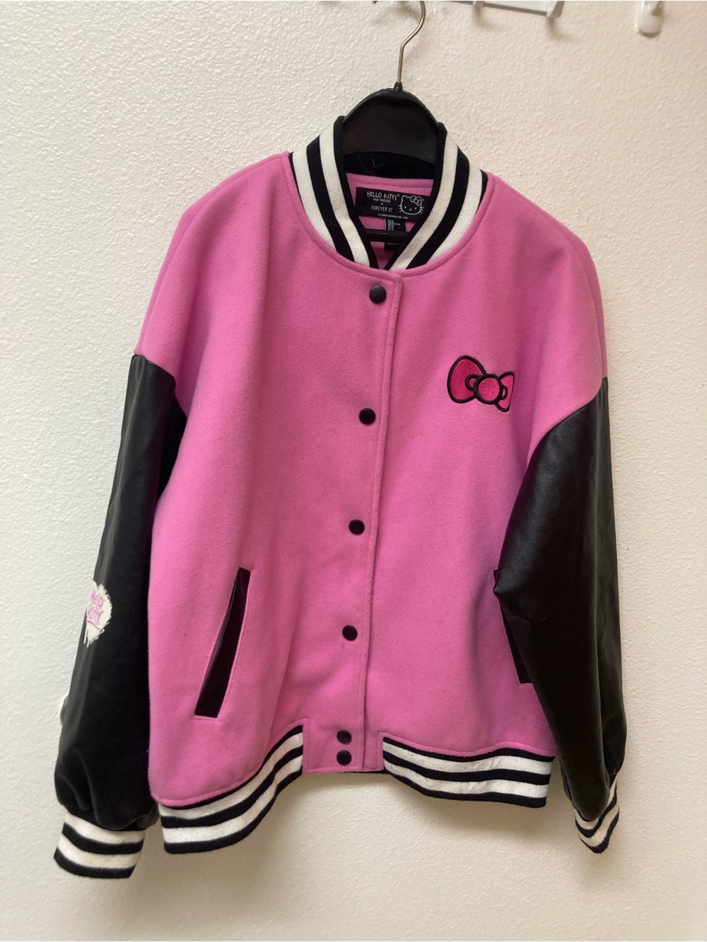 HELLO KITTY x FOREVER 2 Pink Bomber Varsity Jacket With Faux Leather Sleeves (M)